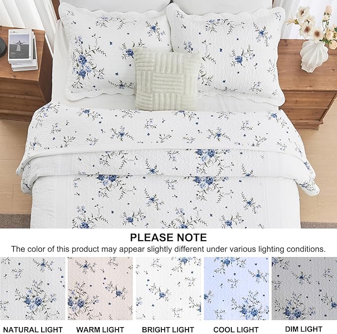 Floral Bedspreads King Size Extra Large, 120x120 Oversized Quilt Bedspread Coverlet, 100% Cotton Blue and White Bedding Set with Shams, Lightweight Soft Quilted Thin Comforter, 3 Piece