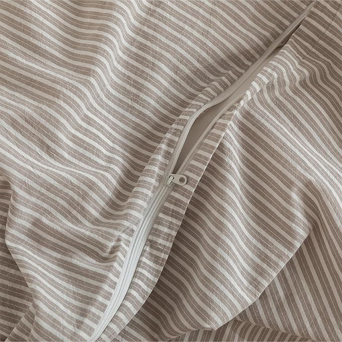 JIYUAN 100% Washed Cotton Striped Duvet Cover Set 3 Pieces King, 1 Duvet Cover and 2 Pillowcases(Comforter Not Included),Linen Like Comfy and Breathable,Pinstripes - Taupe White