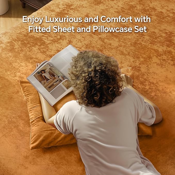 BEDELITE Velvet Fitted Sheet and Pillowcases Set, Luxury Soft Fuzzy Bottom Sheet with Reinforced Elastic Corner Straps, Deep Pocket up to 15 Inch, 1 Fitted Sheet and 2 Pillowcases (Full, Burnt Orange)