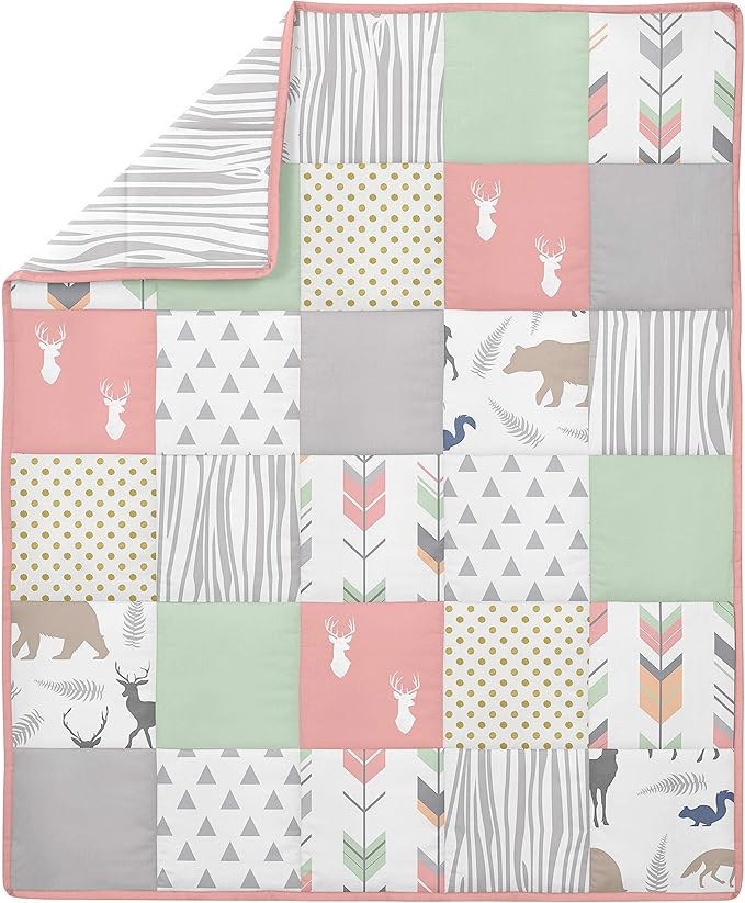 Sweet Jojo Designs Coral, Mint and Grey Woodsy Deer Girls Baby Bedding 4 Piece Crib Set