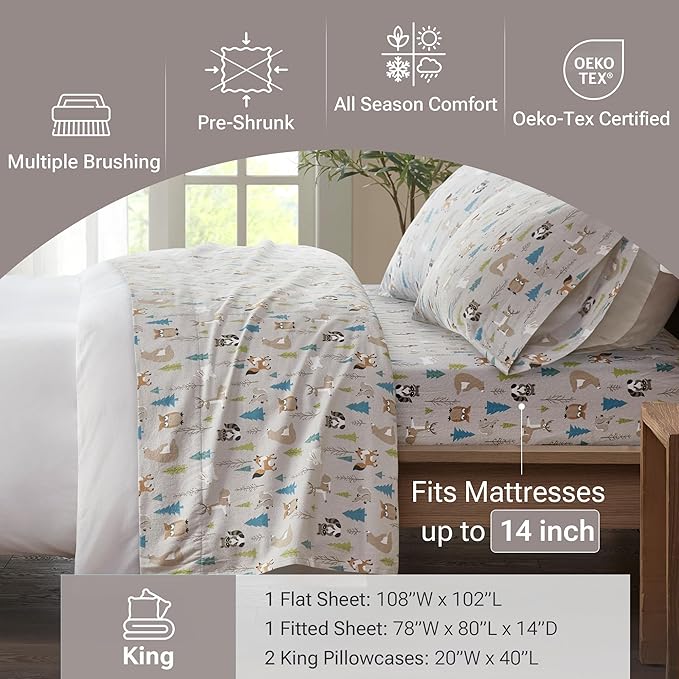 True North by Sleep Philosophy Cozy Flannel Warm 100% Cotton Sheet - Novelty Print Animals Stars Cute Ultra Soft Cold Weather Bedding Set, King, Multi Forest Animals 4 Piece