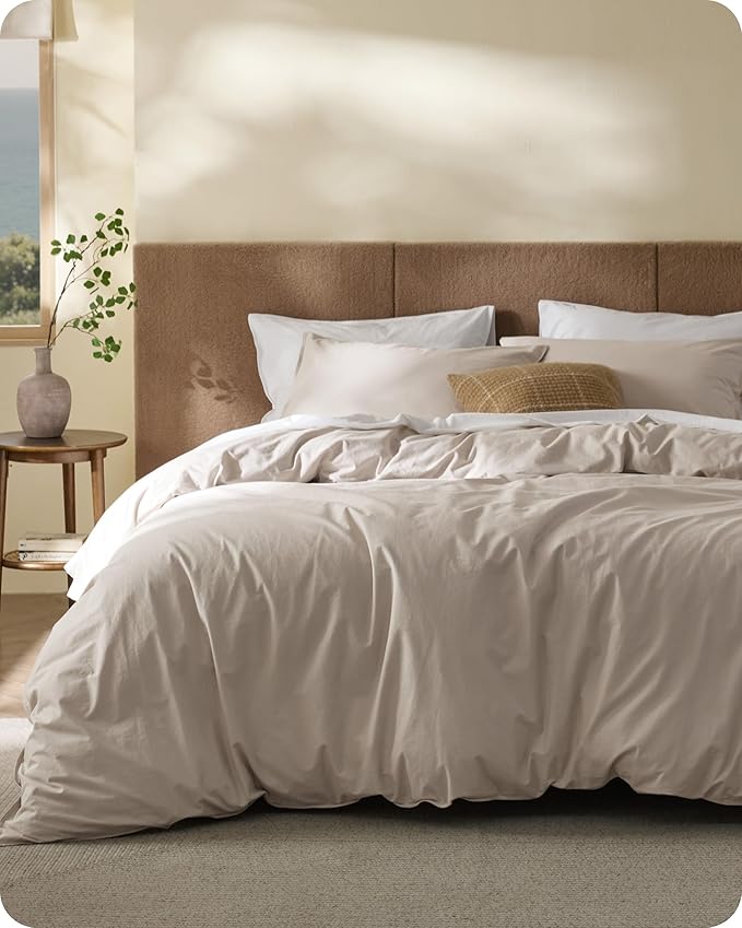 Bedsure Cotton Duvet Cover Full - Luxury Slub Weave 100% Cotton Duvet Cover with a Linen Like Textured, Easy Change Durable Bedding, Natural Linen, 80" x 90"