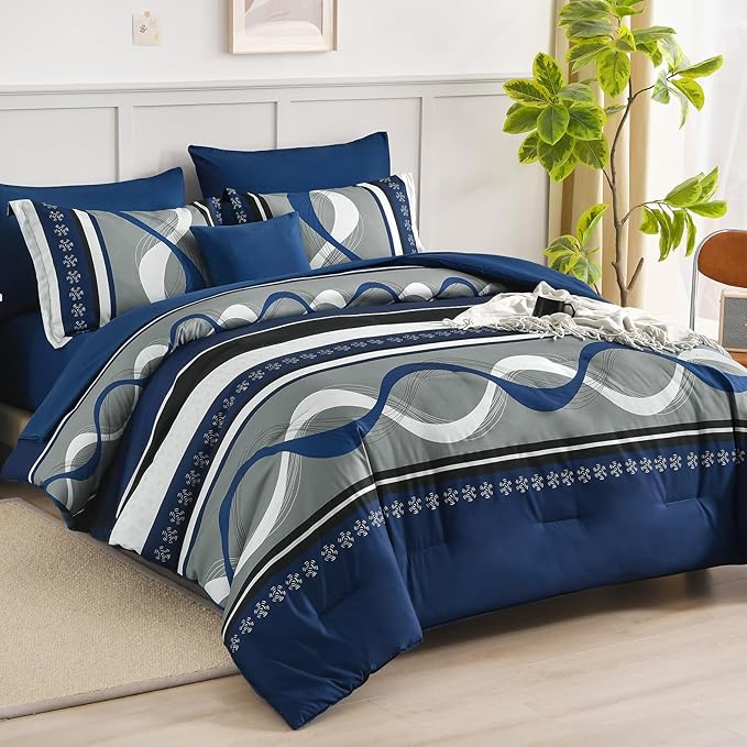 Anibedding Navy Blue Comforter Set Queen Size,8 Pieces Boho Bed in a Bag Patchwork Striped Comforter Set, Soft Microfiber Bedding Set for All Season(90"×90")