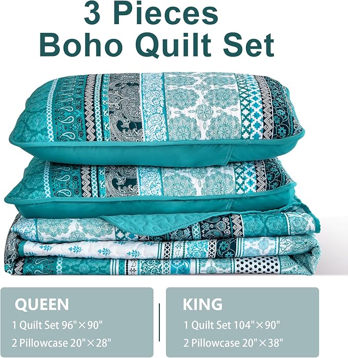WONGS BEDDING Boho Quilt Set King Size, Teal 3 Pieces Bohemian Striped Patchwork Bedspread Coverlet, Lightweight Soft Microfiber Bedding Set for All Season (104"x90")