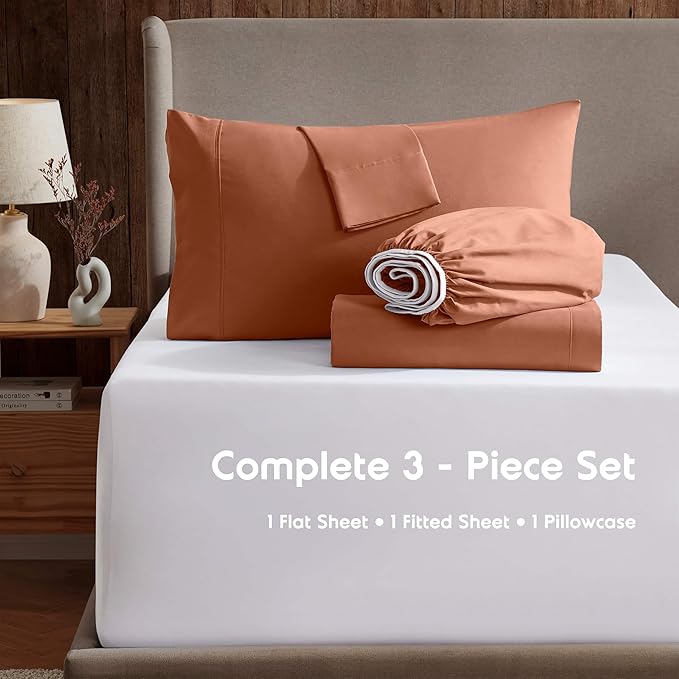 Nestl Twin Sheet Set - 1800 Ultra-Soft Microfiber Twin Bed Sheets - Double Brushed - Deep Pockets - Easy Fit - Extra Soft - 3 Piece Set - Bedding Sheets & Pillowcases (Twin, Rust)