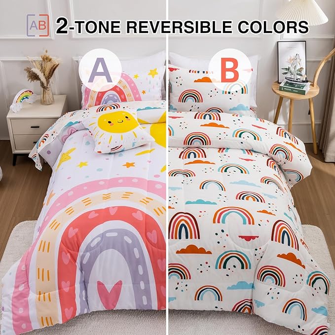A Nice Night Bedding 6 Pcs Cartoon Rainbow Bedding Set with Smile Sun Printed for Boys Girls Bed Comforter Sets (White, Twin)