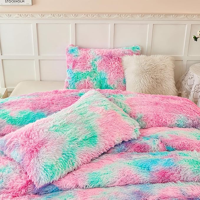 PERFEMET Pink Blue Fluffy Comforter for Girls Twin Size 3-Piece Ultra Soft Tie-Dyed Faux Fur Plush Bedding Comforter Sets Warm Cozy Tie Dyed Velvet Fuzzy Furry Bed Set for Kids Teens(Pink Blue, Twin)