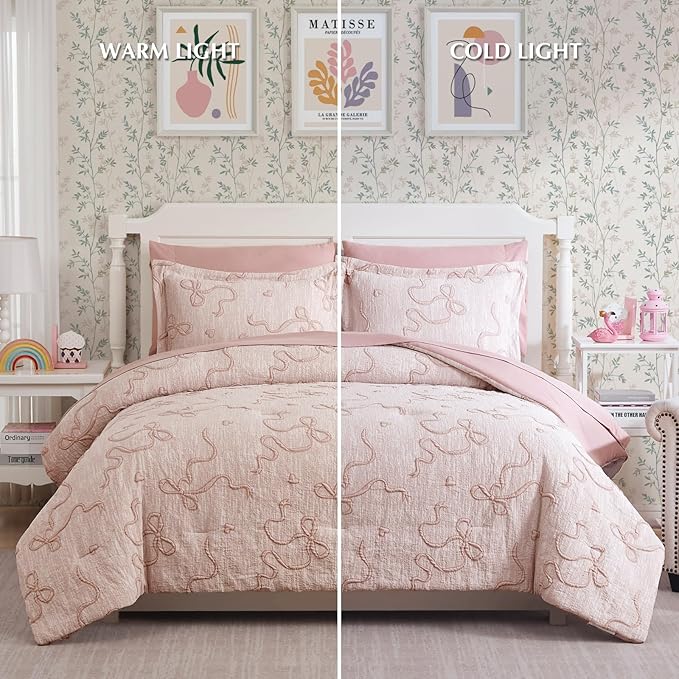 Geniospin Pink Twin Comforter Set for Girls- 5 Pieces Bowknot Jacquard Bed in A Bag Twin Bedding Sets with Sheets, Pillowcases & Shams, All Season Kids Comforter Set