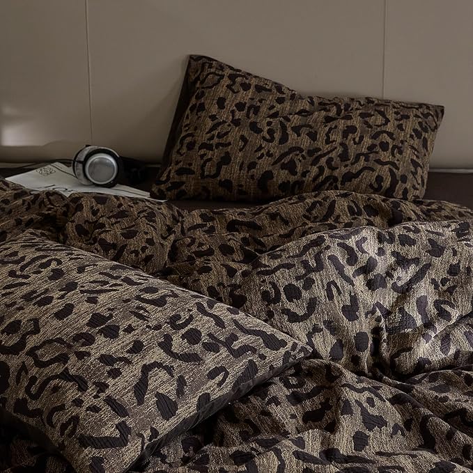 LifeTB Leopard Print Duvet Cover Full Yarn-Dyed Jacquard Cotton Duvet Cover Brown Leopard Pattern Comforter Cover Farmhouse Bedding Set Animal Cheetah Printed Comforter Cover with 2 Pillowcases