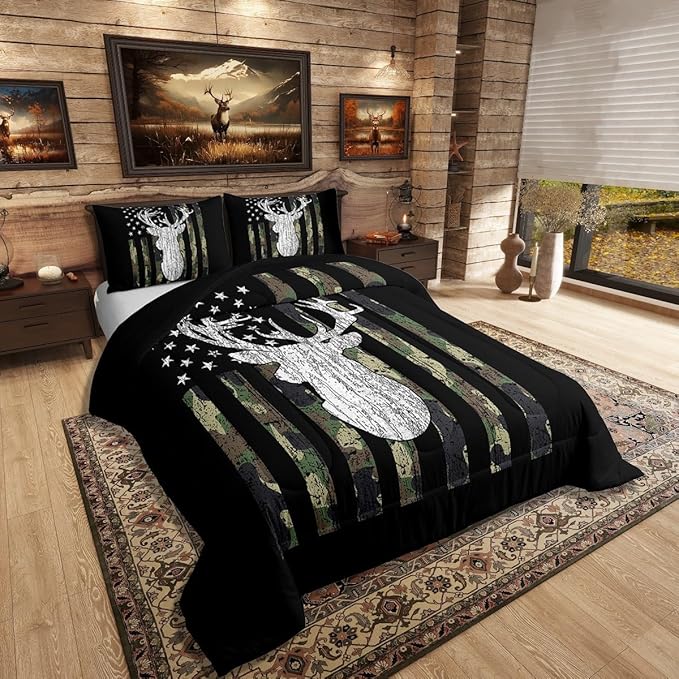 Camo Twin Bedding Set for Boys Army Green Camo American Flag Comforter Set,Teen Camouflage Deer Hunting Bedding Comforter Sets Rustic Farmhouse Woodland Animal Bedding Quilt Black White 1 Pillowcase