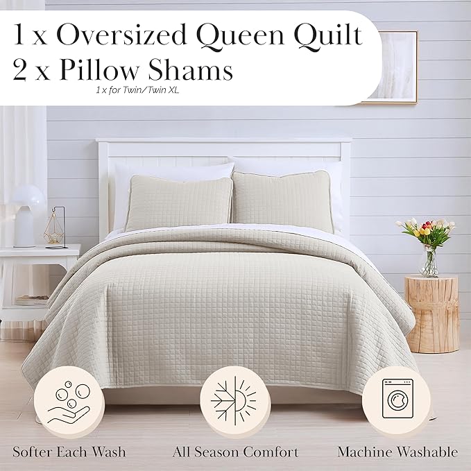 Southshore Fine Living, Inc. Full/Queen Quilt Bedding Set, Microfiber Quilts Queen Size, Coverlet, Stain & Pet Hair Resistant Bedding, Full Size Bedspread with 2 Pillow Shams, Bone