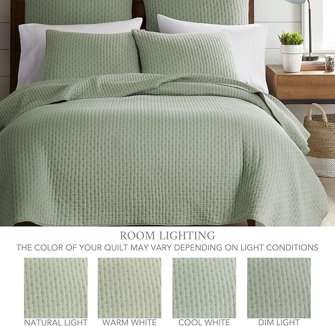 Levtex Home Cross Stitch Reversible King Bedspread Set (120x104in) with 2 Pillow Shams (36x20in) - Stitch Texture - Desert Sage - Cotton King Size Bedspread Set - Soft, Pre-Washed