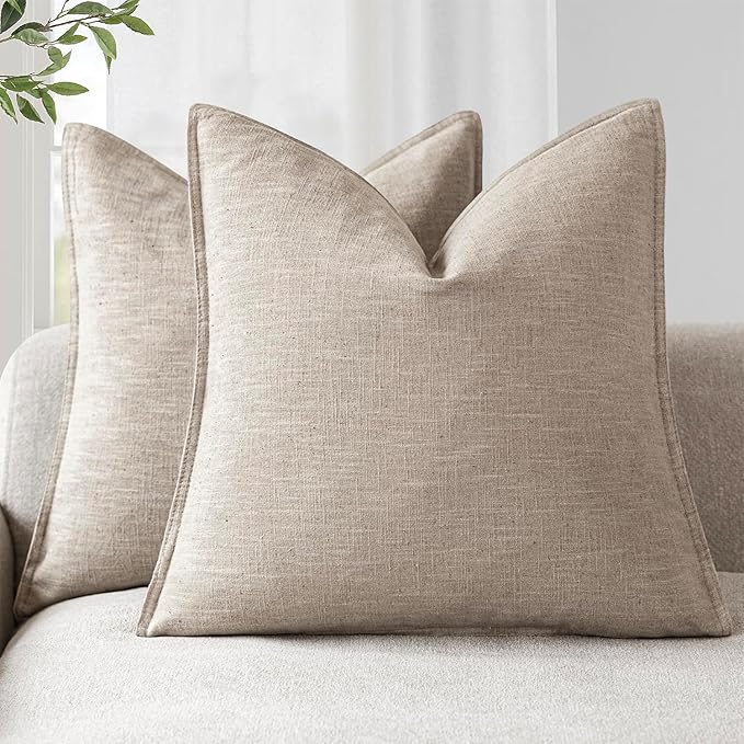 Foindtower Set of 2, Decorative Linen Soild Throw Pillow Covers Soft Accent Cushion Euro Case Boho Farmhouse Pillowcase for Chair Couch Sofa Bedroom Living Room Home Decor 18 x 18 Inch Natural Linen