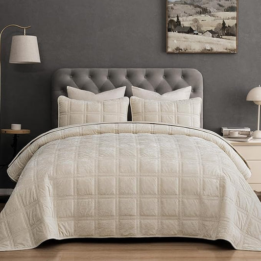 PHF Ultra Soft Velvet Quilt Set King Size – 3PCS Luxurious Cozy Quilted Comforter Alternative with Diamond Pattern, Warm Quilted Bedspread Coverlet, 108" x 92", Sand