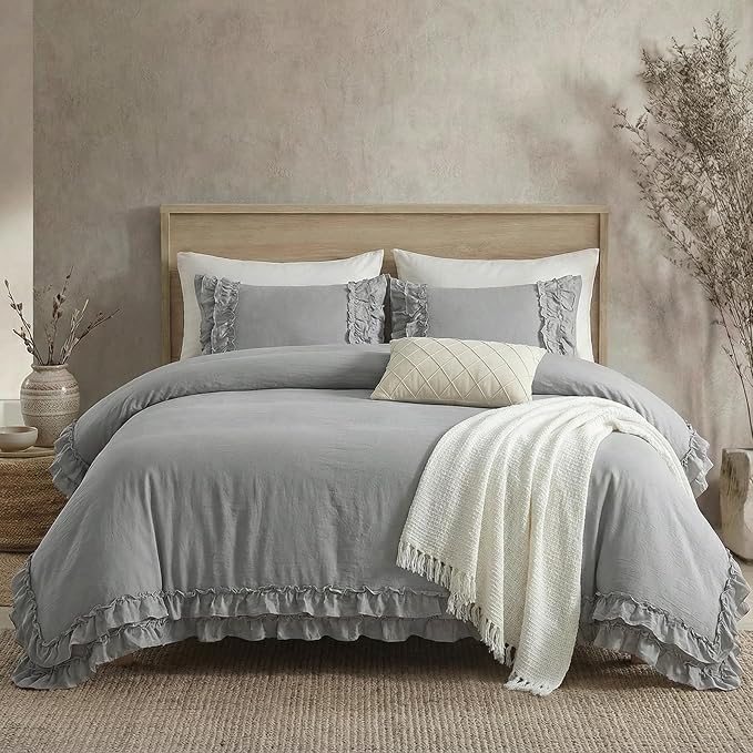 Bedorm Gray Twin Duvet Cover Set Ruffle Bedding Set Pleat Ruffled Shabby Chic Comforter Cover Extra Soft & Easy Care Gray Boho Duvet Cover with Zipper Closure