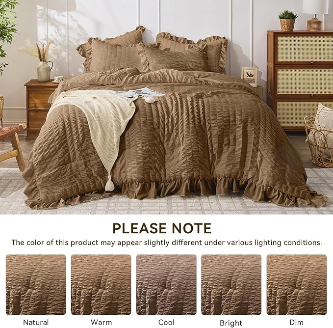 JOLLYVOGUE King Size Comforter Set, 3 Pieces Oak Brown Seersucker Comforters King Size, Lightweight & Fluffy Bedding Sets King for All Season with 1 Ruffle Comforter and 2 Ruffle Pillowshams
