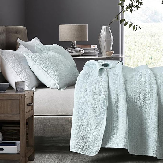 HORIMOTE HOME Quilt Set Twin Size Aqua Blue, Classic Geometric Spots Stitched Pattern, Pre-Washed Microfiber Chic Rustic Look, Ultra Soft Lightweight Quilted Bedspread for All Season, 2 Pieces