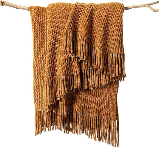 lifein Throw Blanket for Couch, Soft Boho Decor Bed Throw,Cozy Brown Knitted Chenille Small Knit Farmhouse Lightweight Throw (Golden,50 * 60")