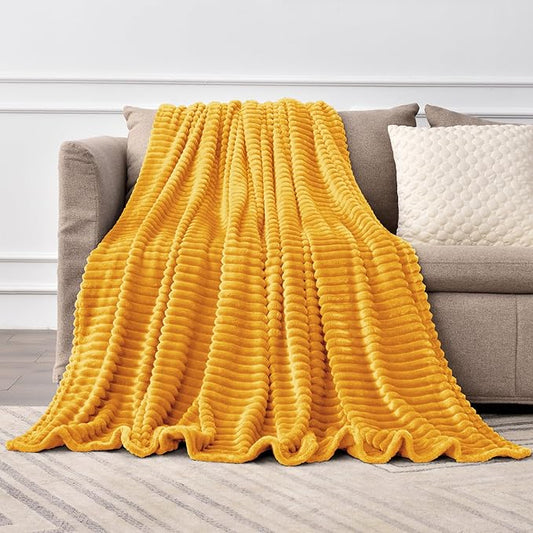 BEDELITE Fleece Throw Blanket for Couch – 3D Ribbed Jacquard Soft and Warm Decorative Fuzzy Blanket – Cozy, Fluffy, Plush Lightweight Mustard Yellow Throw Blankets for Bed, Sofa, 50x70 inches