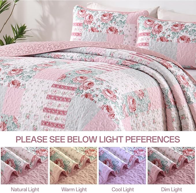 Patchwork Quilt Set Queen Size, Pink Floral Plaid Bedspread Coverlet Set Boho Rustic Quilt Bed Cover, 3 Piece Soft Microfiber Reversible Pink Grey Bedding Set for Women Girls