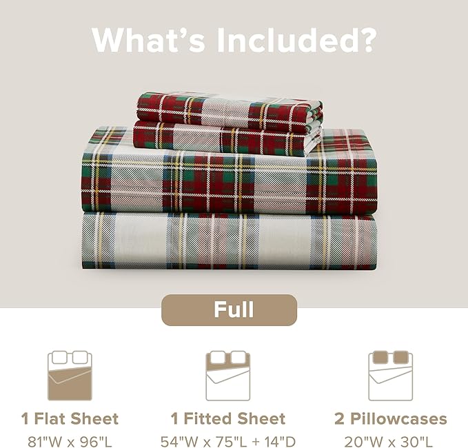 Comfort Spaces 100% Cotton Sheets Full, Breathable, Naturally Cool Cotton Sheets, Cotton Bed Sheets with 14" Elastic Pocket Fits up to 16" Mattress, All Seasons Sheet Set, Scottish Plaid Red 4 Piece