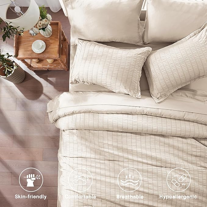 Zzlpp Beige Queen Comforter Set 7 Pieces, Seersucker Bed in a Bag for Bedroom, All Season Bedding Sets with 1 Comforter, 2 Pillow Shams, 2 Pillowcases, 1 Flat Sheet, 1 Fitted Sheet
