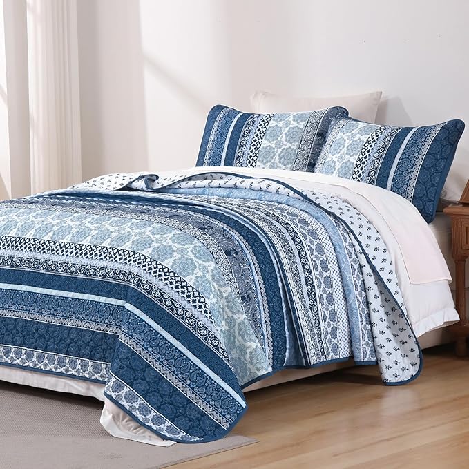 WONGS BEDDING Boho Quilt Set King Size, Navy Blue Bohemian 3 Pieces Quilt Sets, Lightweight Microfiber Bedspread Coverlet Bedding Set for All Season (104"x90")