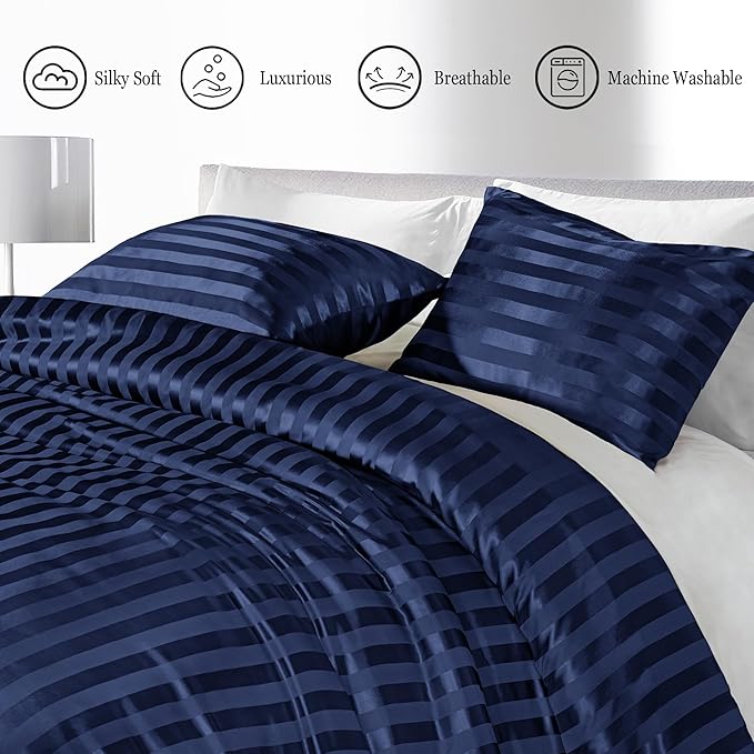 Whale Flotilla 3-Piece Reversible Silky Soft Queen Comforter Set, Luxury Stripe Satin Comforters Full Size Bedding Set with 2 Satin Pillowcases, Lightweight Duvet for All Seasons, Navy