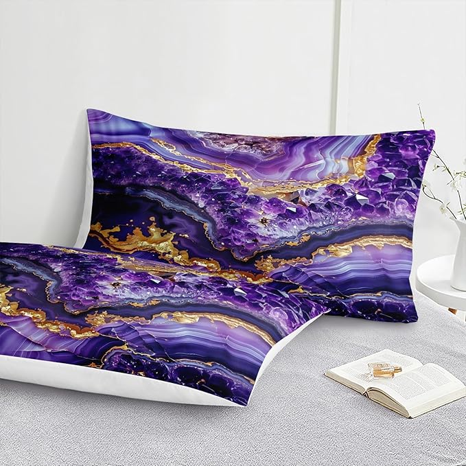 Bedbay Purple Gold Marble Comforter Set Queen Size Marble Bedding Set Abstract Art Texture Stone Diamond Aesthetic Room Decor 4 Pcs Luxury Bedding 1 Comforter 2 Pillowcases 1 Cushion Cover