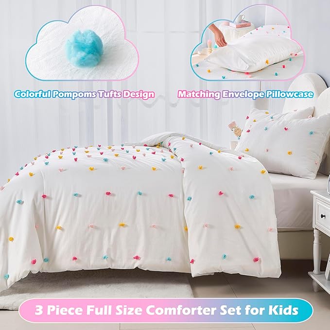 Full Size Kids Comforter Set Colorful Tufted Pom Pom Bedding Set for Girls 3 Piece White Boho Jacquard Quilt Bed in A Bag Lightweight Duvet Bed Set for Kids Teen Girls Bedroom Decor with 2 Pillowcase | Colorful Tufted Dots, Full Comforter Set, Kids Com...