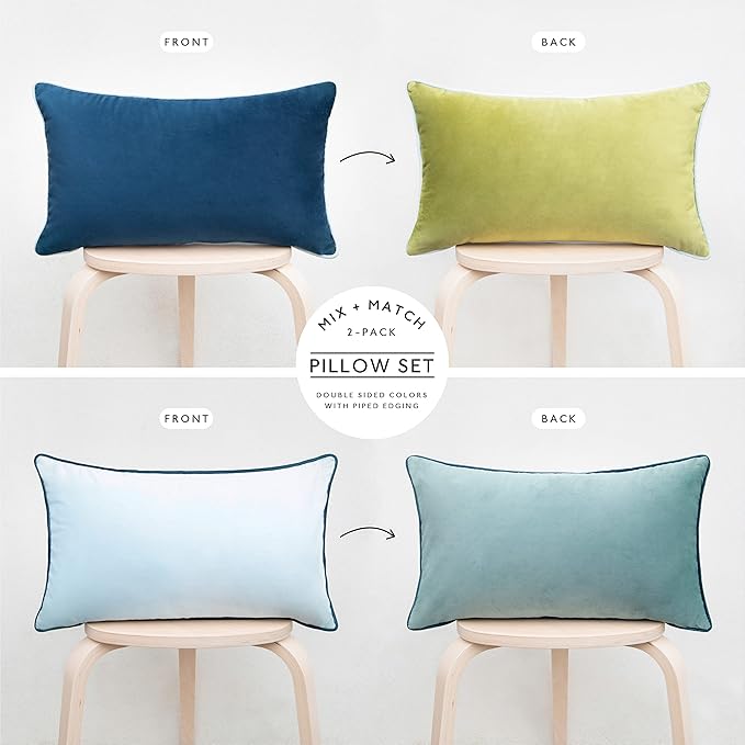 MONDAY MOOSE Decorative Throw Pillow Covers Cushion Cases, Set of 2 Soft Velvet Modern Double-Sided Designs, Mix and Match for Home Decor, Pillow Inserts Not Included (12x20 inch, Green/Blue)