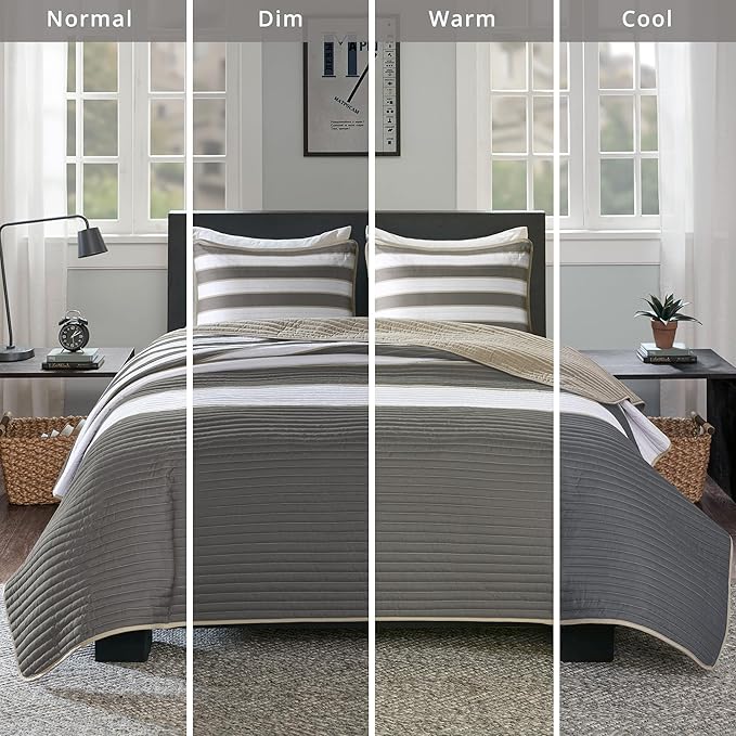 Comfort Spaces Queen Quilt Set Trendy Casual Fun, Vibrant Color Stripes Design, All Season Lightweight Coverlet Bedspread Queen Size Bedding & Shams, Verone, Full/Queen, Grey, 3 Piece