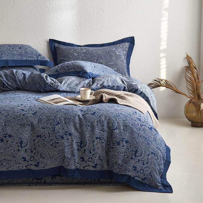 mixinni Muslin Cotton Vintage Navy Blue Paisley Floral Duvet Cover Queen Size 3pcs Yarn Dyed Burgundy Jacquard Weave Bedding Comforter Cover Soft Breathable Bedding Sets for All Season-Queen Size