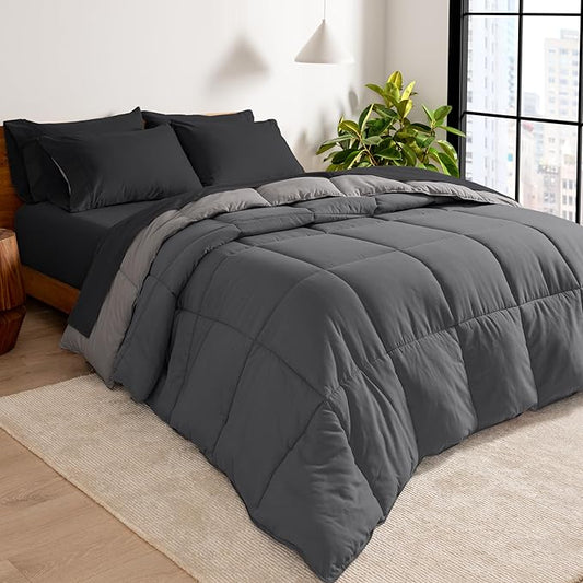 Bare Home Reversible Bed-in-A-Bag Comforter & Sheet Set - Full Extra Long - Down Alternative - Soft - Bedding Set (Full XL, Grey/Light Grey, Black)