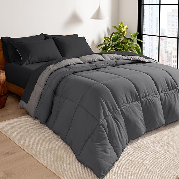 Bare Home Reversible Bed-in-A-Bag Comforter & Sheet Set - Split King - Down Alternative - Soft - Bedding Set (Split King, Grey/Light Grey, Black)