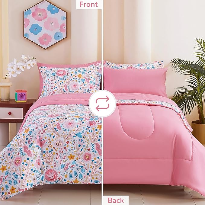 Viviland Kids Twin Bedding Sets for Girls, Soft Twin Comforter Set with Sheets, 5 Pieces Microfiber Bed in a Bag, Colourful Floral