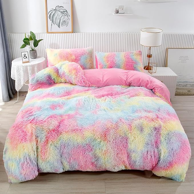 PERFEMET Pink Plush Shaggy Bedding Sets Full 3 Piece Fluffy Faux Fur Girls Comforter Set Soft Tie Dye Velvet Furry Rainbow Bedding Comforter for Teens Kids(Pink, Full)