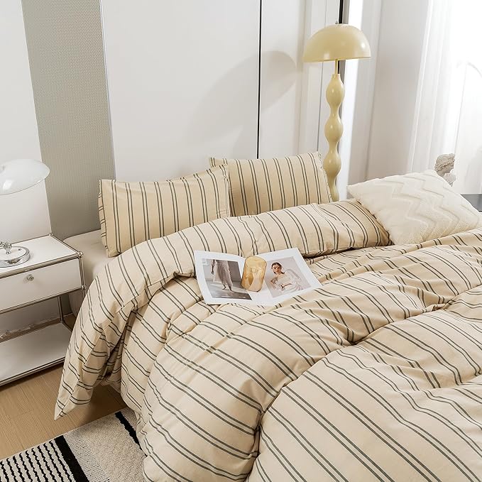 ECOCOTT Duvet Cover King Size - Linen Feel Organic Natural 100% Washed Cotton, Soft Breathable & Durable Bedding Set, Comfy Stripe Design for All Seasons