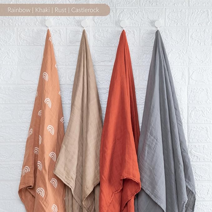 Meracorallo Muslin Swaddle Blanket, 4 Pack Rainbow Receiving Blankets Neutral Silky Soft Swaddle Wrap for Baby Boys and Girls, 47 x 47 inches