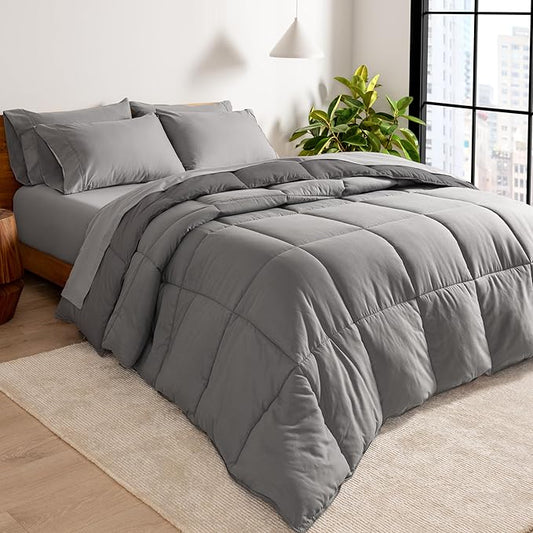 Bare Home Reversible Bed-in-A-Bag Comforter & Sheet Set - Full Extra Long - Down Alternative - Soft - Bedding Set (Full XL, Light Grey/Grey)