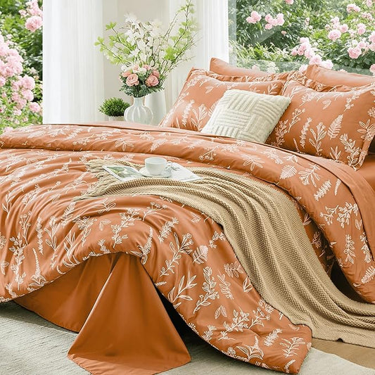 MUXHOMO Burnt Orange Bed in a Bag King 7 Pieces, King Comforter Set Reversible Botanical Flowers Design, Ultra Soft & Breathable Bedding Sets with Comforter, Sheets, Pillowcases & Shams