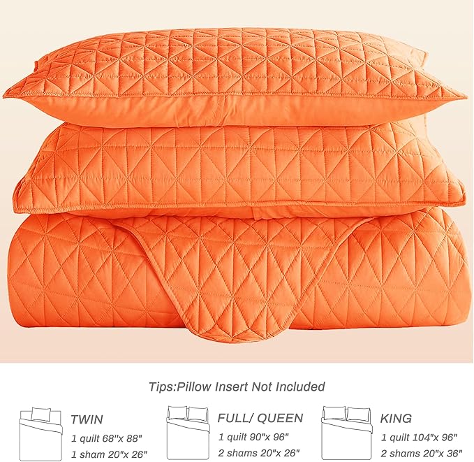 Exclusivo Mezcla Quilts King Size Bedding Set with Stitched Grid Pattern, Lightweight Summer Orange Bedspreads Coverlets Bed Cover for All Seasons (1 Quilt and 2 Pillow Shams)