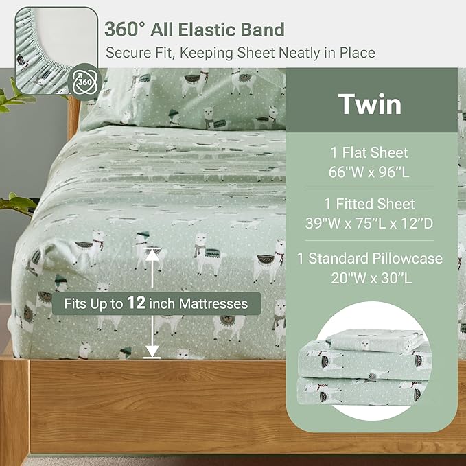 True North by Sleep Philosophy Cozy Flannel Warm 100% Cotton Sheet - Novelty Print Animals Stars Cute Ultra Soft Cold Weather Bedding Set, Twin, Seafoam Llama 3 Piece