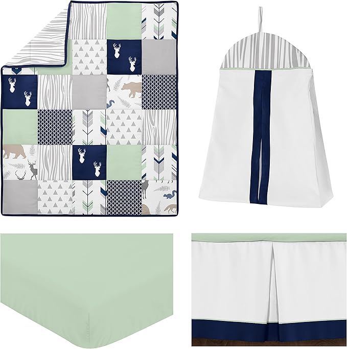 Sweet Jojo Designs Navy Blue, Mint and Grey Woodsy Deer Boys Baby Bedding 4 Piece Crib Set