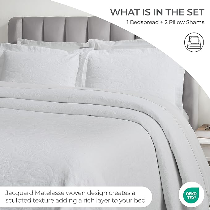 Superior 3 Piece Cotton Bedspread Set, Home Bed Decor, Decorative Bed Spread, 2 Pillow Shams, Medium Weight Blanket, Matelasse Coverlet, Bedding Essentials, Hibiscus Collection, King, White