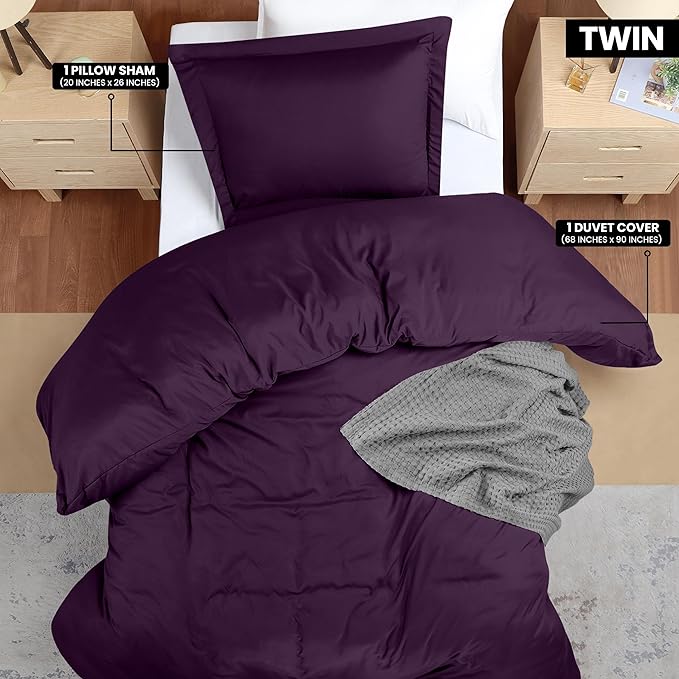 Utopia Bedding Duvet Cover Twin Size - 2 Piece with Zipper Closure - 1 Comforter Cover 68X90 Inches & 1 Pillow Sham 20X26 Inches (Purple) Comforter Not Included