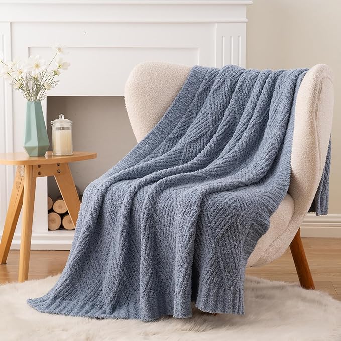 Battilo Bluish Grey Diamond Knit Throw Blanket for Couch and Bed, Soft Textured Chenille Blanket, Cozy Lightweight Decorative Blanket for Sofa, 50"x60"