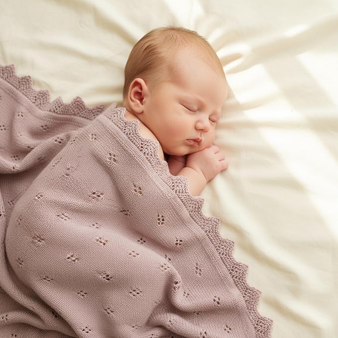 mimixiong Cotton Baby Blanket Knitted Crochet Receiving Crib Nursery Swaddling Blankets for Newborn Baby Boy Girl with The Bunny Rattle (Dreamy Lilac)