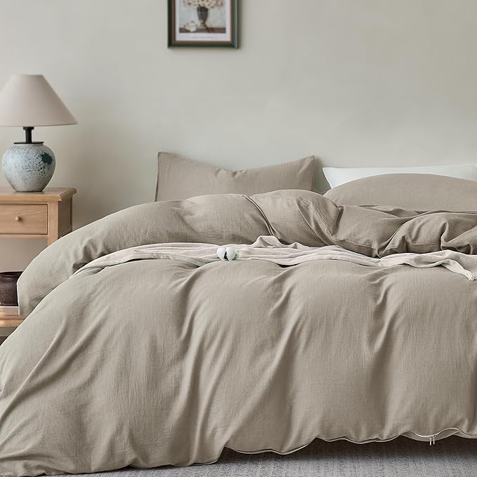 JELLYMONI Washed Cotton Duvet Cover Set Queen Size, Taupe - Super Soft & Breathable Bedding Comforter Cover with Zipper, for Modern Home, Guest Room, and Everyday Use,1 Duvet Cover & 2 Pillowcases