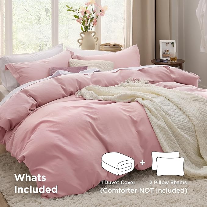 Bedsure Pink Duvet Cover Queen Size - 3 Pieces Prewashed Cotton-Like Extra Soft Bedding Set, Includes 1 Duvet Cover 90x90 Inches with Zipper Closure & 2 Pillow Shams, Comforter Not Included